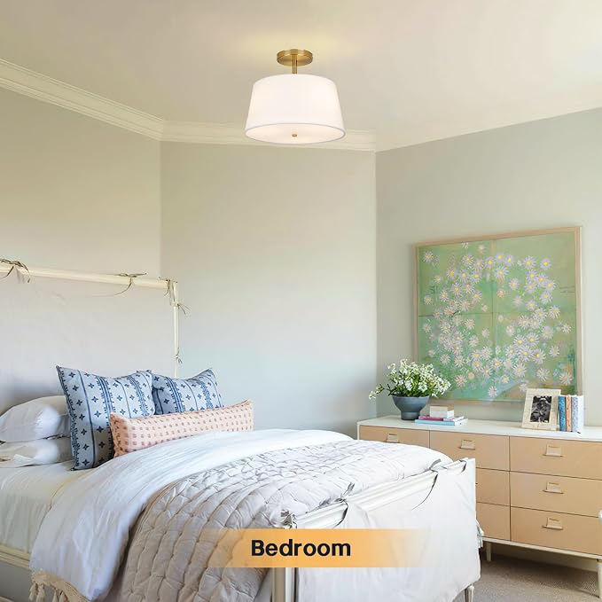 CALOKES Modern Cone-Shaped Semi Flush Mount Ceiling Light Fixture, 3-Light Drum Lamp with Gold Brass Finish and White Fabric Shade for Bedroom, Kitchen, Dining Room, Hallway, Entryway, and Foyer
