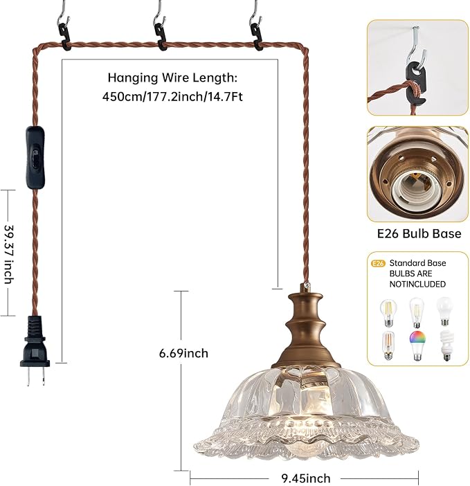 HDDFL Plug in Pendant Light Fixtures Vintage Pendant Lighting with Plug in Cord Hanging Light Kitchen Glass Hanging Lamp with Switch for Island Dining Room Living Room