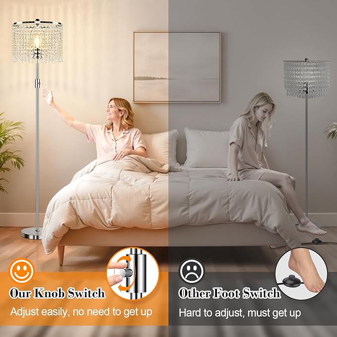 【Upgraded】 Dimmable Crystal Floor Lamps for Living Room, 1000LM LED Bulb Included, Standing Lamp with Knob Switch, Tall Silver Modern Floor Lamp for Bedroom Nursery Office Reading