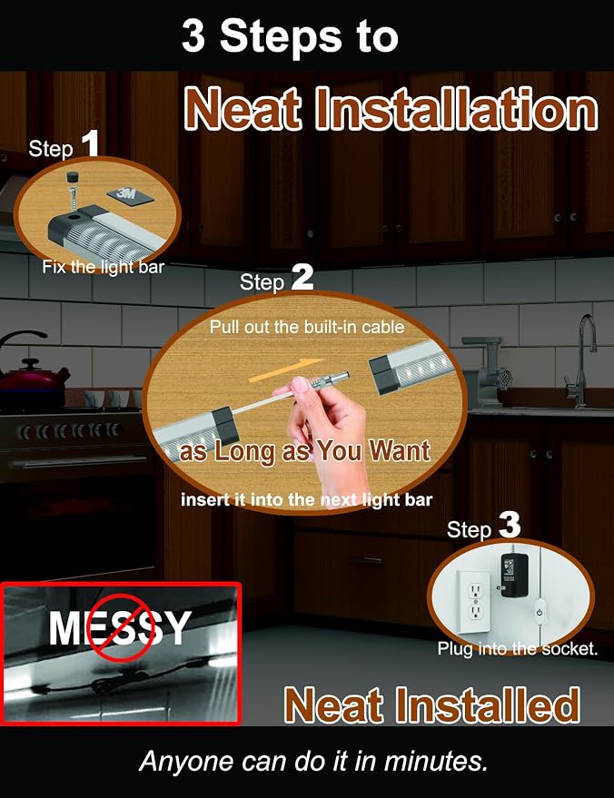 EBD Under Cabinet Lights Plug in 3 Pcs 12 Inch, No Messy Wires Built-in Adjustable Cable LED Light Bar 3000K 1350LM for Kitchen Home Office, Dimmer Memory for Smart Plug, Neat Under Counter Lighting