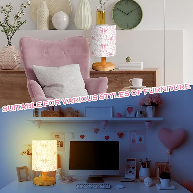 Flora Bow Kids Table Lamp for Bedroom Kids Bedside Lamp with Linen Wooden Nightstand Cartoon Nursery Lampshade for Girls Boys Living Room