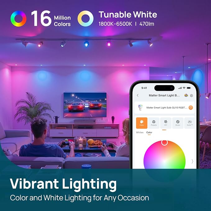 Linkind Matter GU10 Smart Light Bulbs, MR16 GU10 LED Bulbs, 4Pack | Work with Alexa/Apple/Google Home, Warm & Daylight White(1800K-6500K), Music Sync & Light Shows, 40W 470LM Color Changing