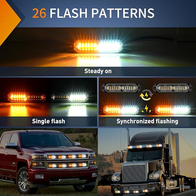 Nilight 8PCS Led Strobe Lights 12LED Amber White Emergency Light 12V 24V Surface Mount Flashing Warning Hazard Beacon Lights Ultra Slim Sync Feature Mini Grille for Cars Trucks Off Road Vehicles SUV