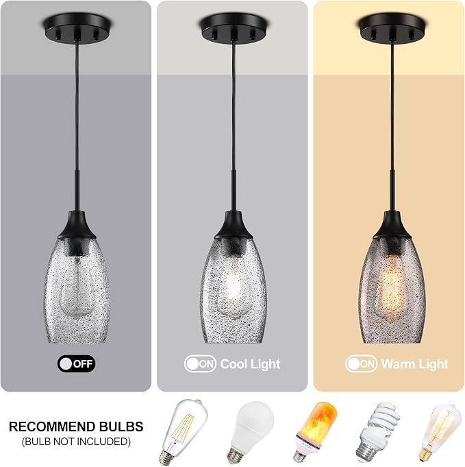 Viinew Mini Glass Pendant Light,3-Pack Black Glass Hanging Light | Handblown Black Seeded Art Glass Shade Ceiling Light 4.72" Hanging Pendant Light for Kitchen Island,Dining Room