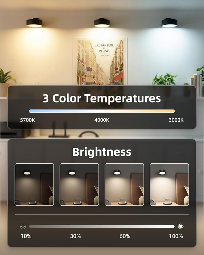 EZVALO LED Wall Mounted Light, 3000mAh Rechargeable Cordless Wall Sconce, Dimmable with Remote & Touch Control, 3 Color Temps, 360° Rotatable for Bedroom, Bedside (Black, 2 Pack)