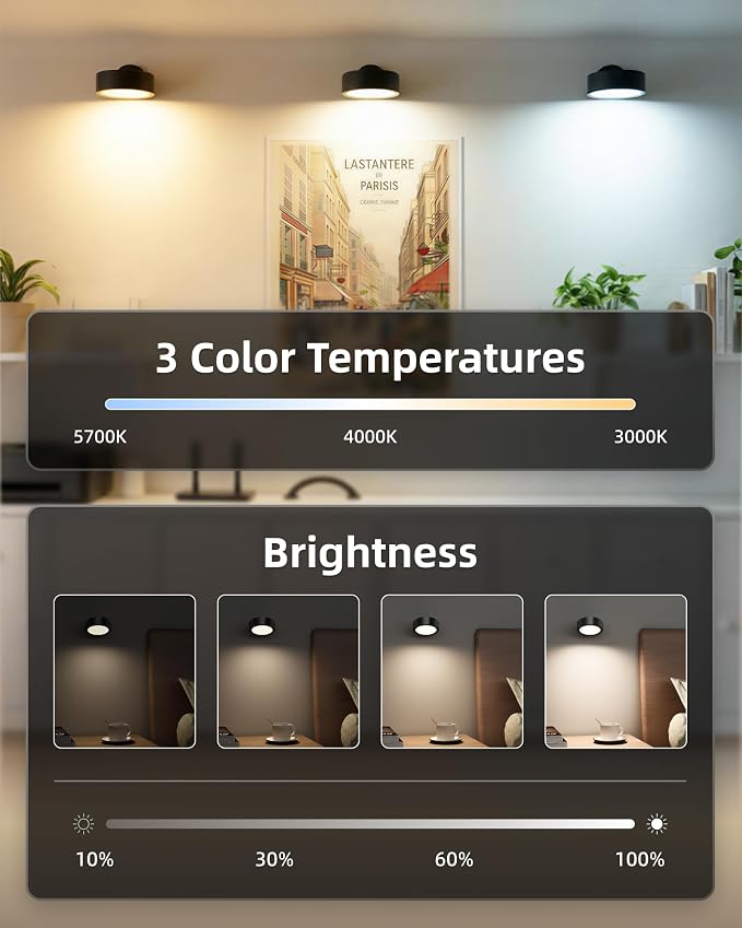 EZVALO LED Wall Mounted Light, 3000mAh Rechargeable Cordless Wall Sconce, Dimmable with Remote & Touch Control, 3 Color Temps, 360° Rotatable for Bedroom, Bedside, Reading(Black, 3Pack)