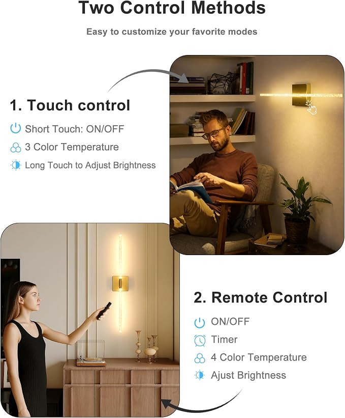 Wall Sconce Set of 2: Gold Rechargeable Wireless Magnetic Install, Crystal | 10000mAh Battery Operated, 360° Rotatable Wall Light,4CCT Dimmable LED Scone Lighting for Living Room Bedroom. 31.7in