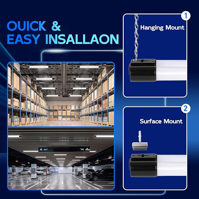 hykolity 4 Pack Linkable LED Shop Light, 4FT 42W [250W Equivalent], 4400lm, 5000K Daylight, with Plug, Utility Light Fixture, Hanging or Surface Mount, Black