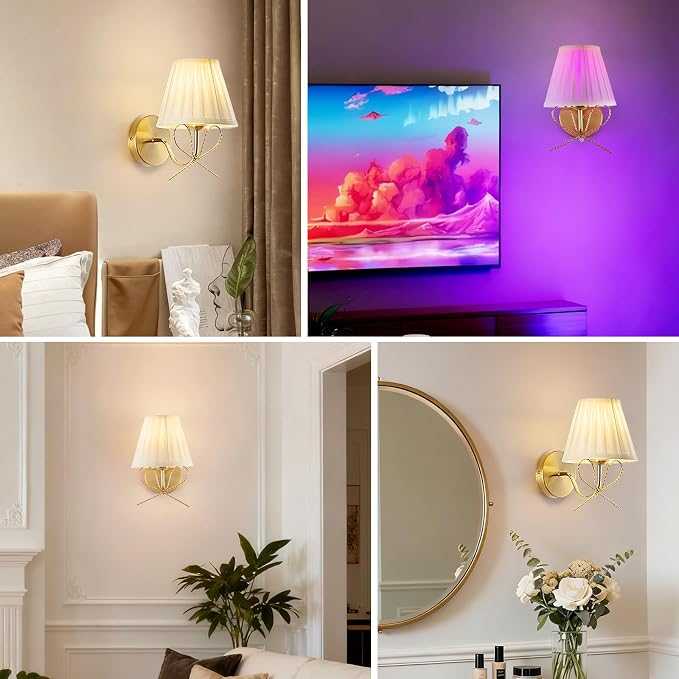 Cordless Battery Operated Wall Sconces Set of Two, Vintage Gold Sconces Wall Decor, Rechargeable Dimmable LED Lights with 15 Colors, Bow Wireless Wall Lamp for Bedroom Living Room Hallway