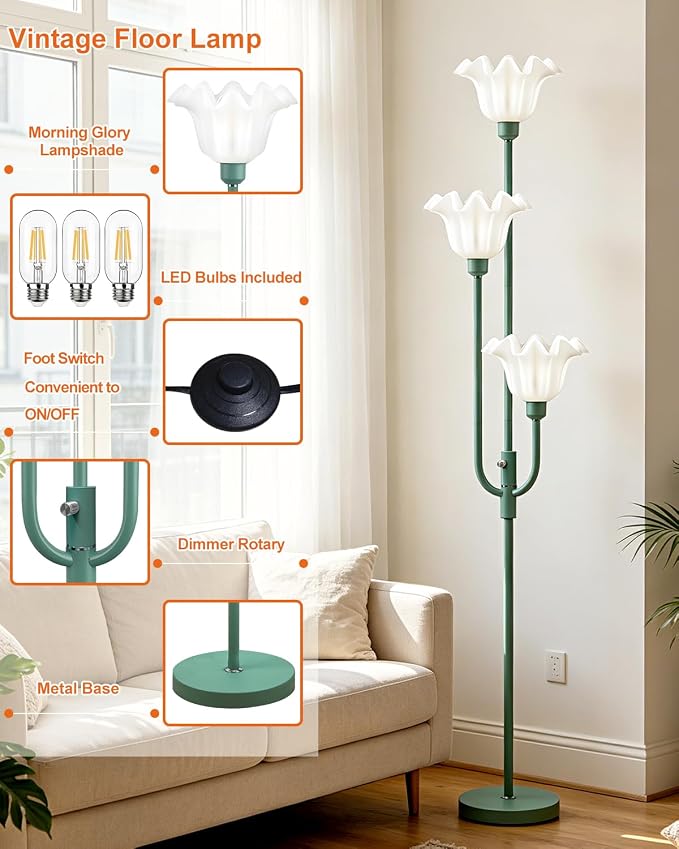 Lightdot 66IN Flower Floor Lamp 3-Lights Vintage Dimmable Floor Lamps with 3000K Warm White Bulbs Included for Wedding Party Modern Tall Standing Lamp for Living Room/Bedroom/Sofa Beside/Corner Decor