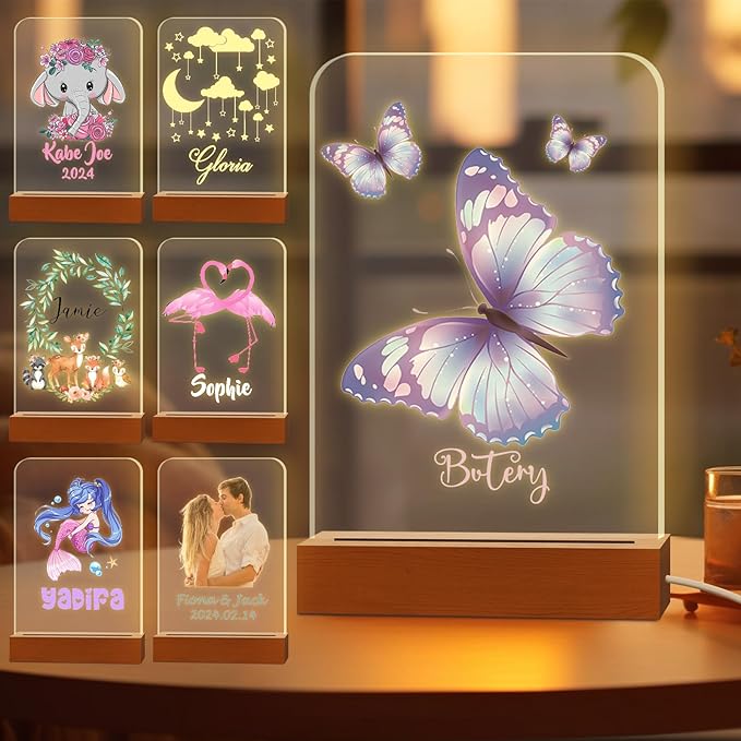 Personalized Night Light for Kids Custom Engraved Name Acrylic LED Lights with Wood Base for Nursery Bedroom Decor Night Lamp, Customized Birthday Gifts for Girl