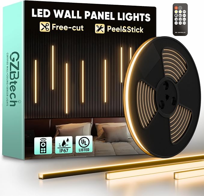 GZBtech Flexible LED Recessed Strip Light for Wood Slat Wall Panels 16.4FT, 3000K Warm White Cuttable Neon Rope Lighting with Remote Control, Dimmable IP67 Waterproof Black Strip Lights, UL Listed
