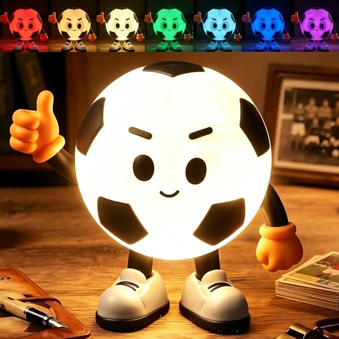 YR YRHH-PET Soccer Night Light, Thumbs Up Positive Lamp, Kid Boy Room Décor | Rechargeable Colorful Soccer Stuff, Sports Nightlight, Teens Ball Fan Cute Gifts, Dimmable, Timer, Squishy Nursery Touch Lamp