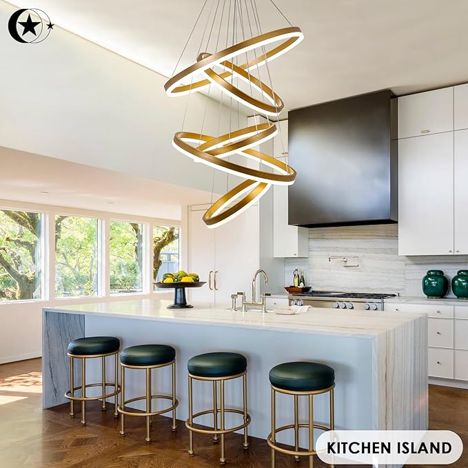 5-Rings Modern LED Chandelier Gold Dimmable High Ceiling Chandelier for Dining Room with Remote Control for Foyer Living Room Entryway Staircase(D23.6’’, 3000K-6500K)