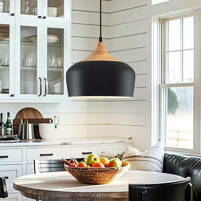 11.8" Industrial Pendant Light, Oak Wood & Metal Drum Shade