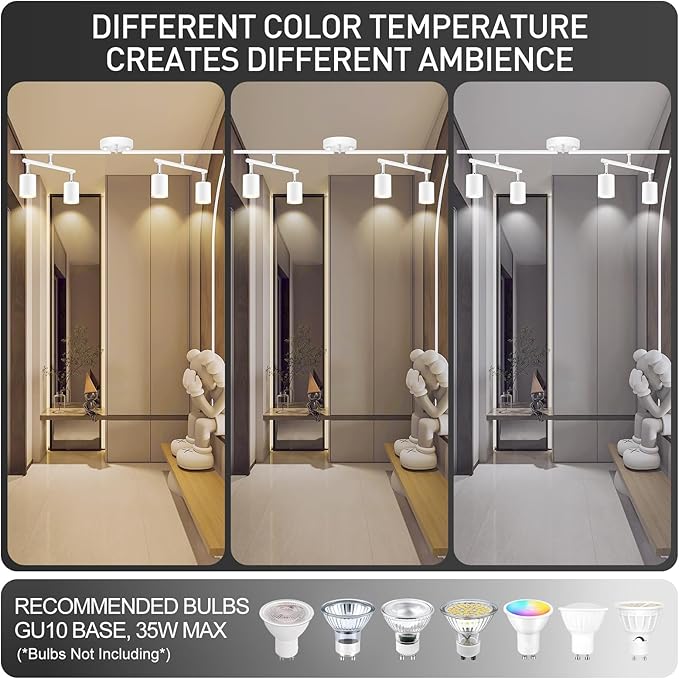 Track Lighting Fixture Ceiling, White Ceiling Light for Kitchen, 30" Modern 4 Light Track Lighting Kit, Wall Light Wireless, Spotlight with Rotatable Heads, LED Track Lights for Bedroom(NO Bulb)