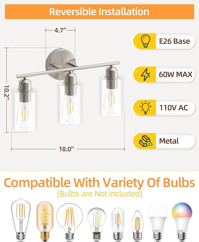3-Light Bathroom Light Fixtures, Brushed Nickel Bathroom Vanity Lights, Bathroom Lighting Fixtures Over Mirror with Clear Glass Shade, Wall Sconce Light for Bedroom, Living Room and Hallway