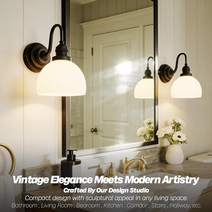 Black Wall Sconce Vintage Milk Glass Bathroom Vanity Light | Bathroom Light Fixtures,Matte Black,Thick Half-Round Glass Shade,Hardwired Only,E26 Base,for Bathroom Mirror Hallway