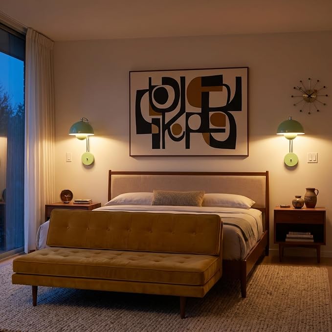 Mid-Century Modern Bud Plug in Wall Sconces for Bedroom, Pastel Green | Indirect lighting reading wall lamp, all-metal construction, plug-in or hardwired install, fits bedroom bedside, living room