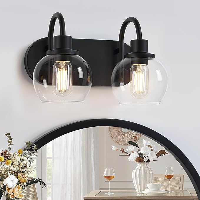 Modern 2-Light Vanity Light, Bathroom Lighting Fixture Over Mirror With Clear Glass Shade and Metal Base, Matte Black Wall Mounted for Bathroom
