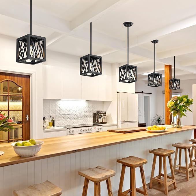 KEESFU Farmhouse Pendant Light with Metal Cage,1 Light Black Pendant Lighting for Kitchen Island,39 Inch Adjustable Rods for Flat and Slop Ceiling,Kitchen Island Hallway Foyer.2 Pack.