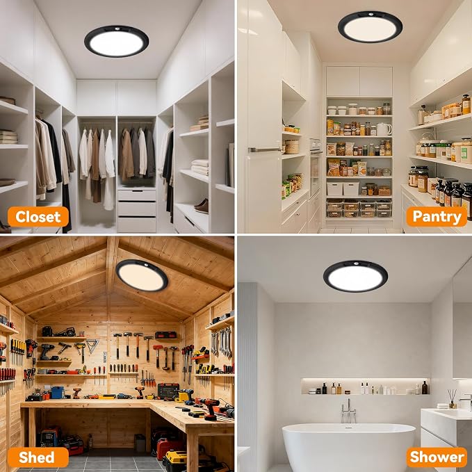 KYEKIO 2Pack Rechargeable LED Ceiling Light/Shower Light with Remote | Motion Sensor, Wireless Magnetic Easy-Install, 3 Color, Dimmable, Battery-Powered, for Closet, Pantry, Hallway, Porch, Patio