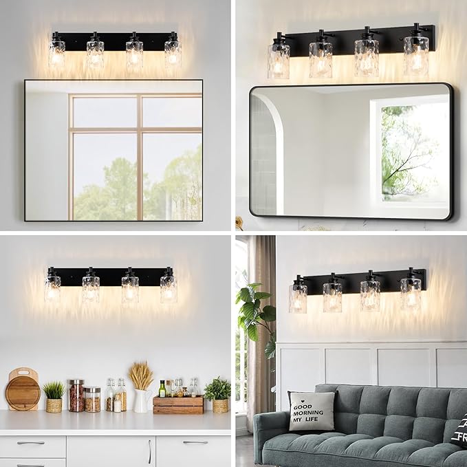 4 Light Bathroom Vanity Light Modern Black Bathroom Light Fixtures Over Mirror with Hammered Glass Lampshade for Kitchen Hallway