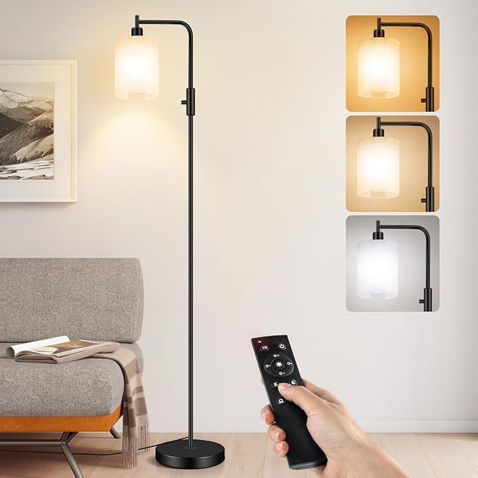 Industrial LED Floor Lamp,Black Metal Dimmable Lamp for Living Room, Bedroom, Office,Remote Control Tall Reading Lamp for Sofa or Desk, Milkly Glass Shade for Home Decor (Industrial, Glass)