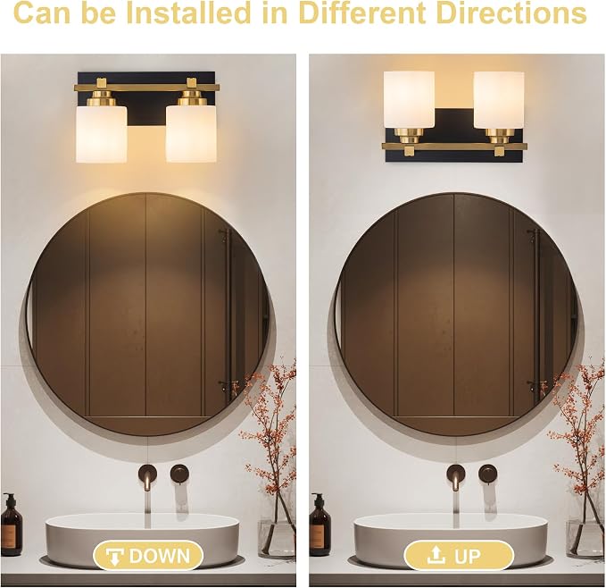 Modern Bathroom Light Fixtures Over Mirror, Vanity Lights for Bathroom Wall Sconces with Milky White Glass Shades, E26 Socket (Bulbs Not Included), 2 Light, Black Gold