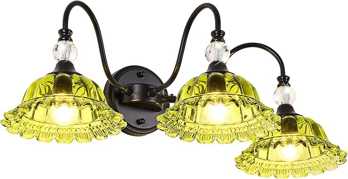 Vintage Bathroom Vanity Light Fixtures 3 Lights Matte Black Vanity Lights for Bathroom with Floral Green Crystal Glass Shades Vanity Wall Lights for Mirror Bedroom Living Room Hallway