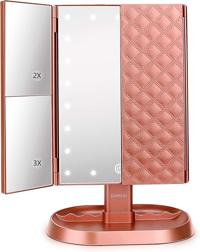 Trifold Lighted Vanity Makeup Mirror with 21 LEDs Lights,1x/2x/3x Magnification and Touch Screen Dimming,Two Power Supplies Makeup Mirror, Gift for Women