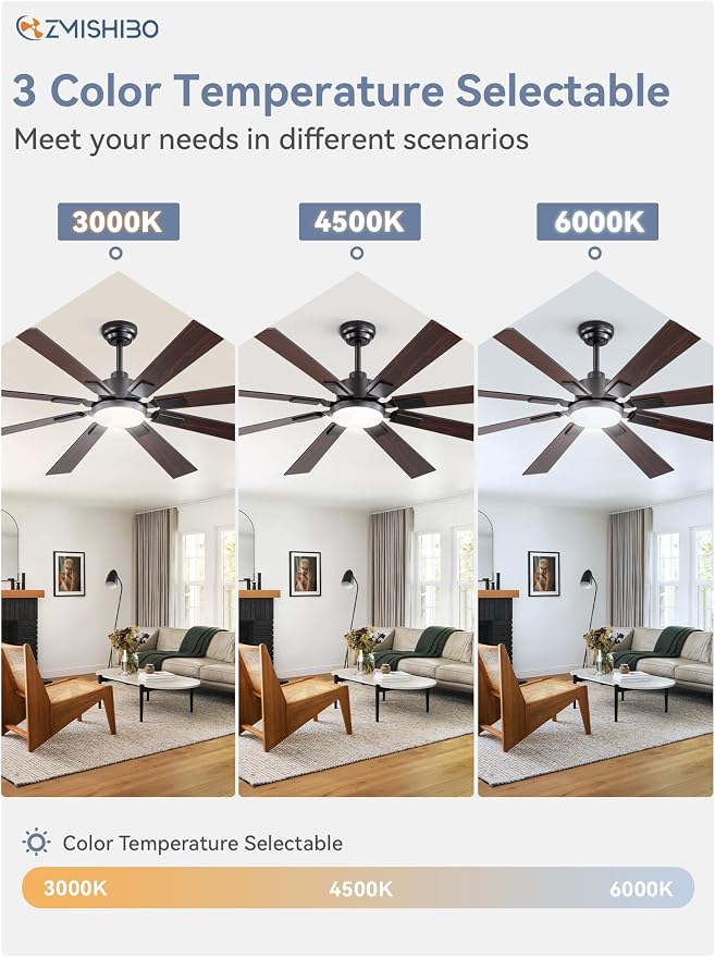 ZMISHIBO 62" Ceiling Fans with Lights for Patio, Living Room, Remote | High CFM Powerful Airflow, Quiet DC Motor, 24W 3 CCT LED, Indoor/Covered Outdoor, Dual-Finish, Damp Rated, Black
