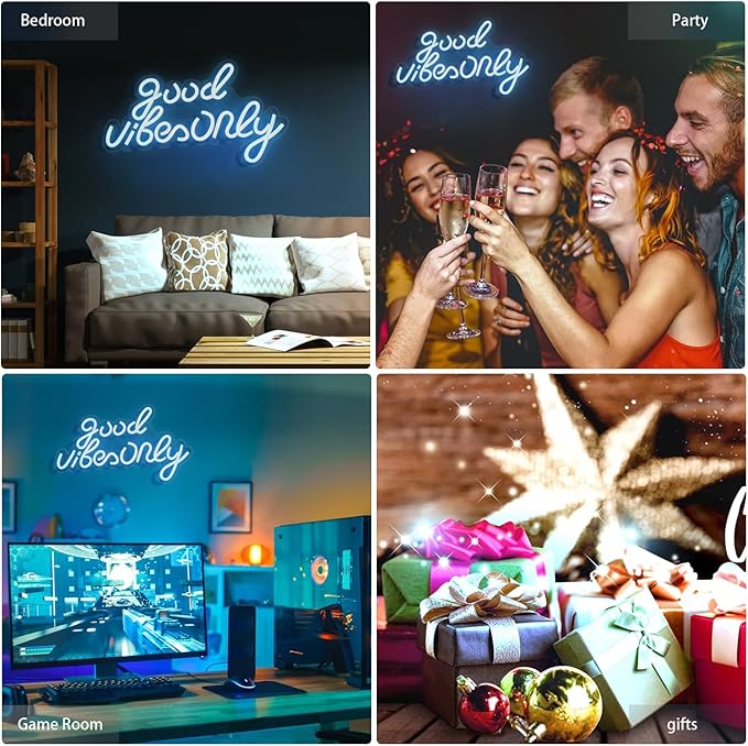 JFLLamp Good Vibes Only Neon Signs for Wall Decor Neon Lights Led Signs Suitable for Living Beer Bar Game Room Hotel Birthday Party Restaurant Christmas Unique Gift for Lover, 16.5 * 10 Inch(Azure)