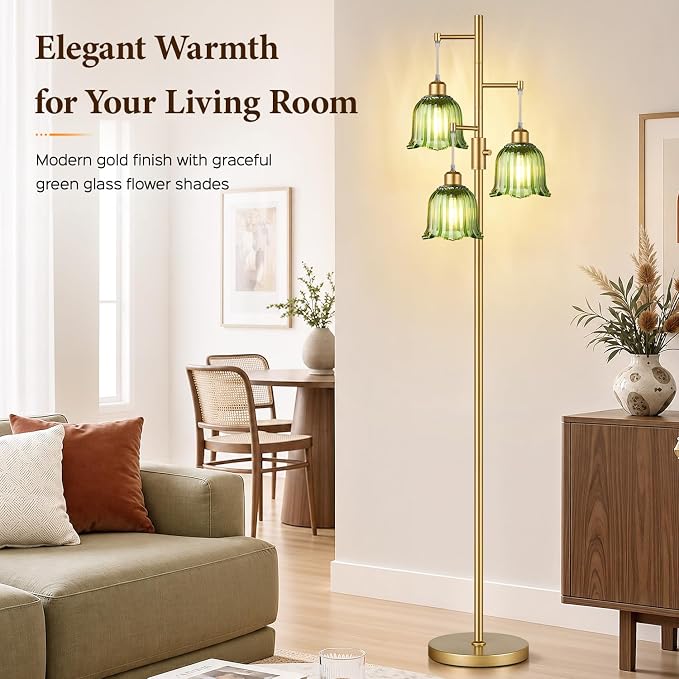 Dimmable Flower Floor Lamp, 3 x 900LM LED Bulbs Included, Modern | 70" Gold Tree Standing Lamp, 3 Lights Elegant Green Glass Flower Shade, Vintage Floor Lamps for Living Room, Bedroom, Office