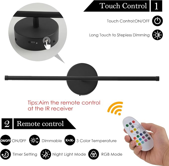KARTOOSH Battery Operated Wall Sconces Set of Two Wireless Wall Lights | Rechargeable Wall Sconce with Remote 350°Rotate Dimmable RGB 3CCT LED Wall Lamp for Living Room, Bedroom
