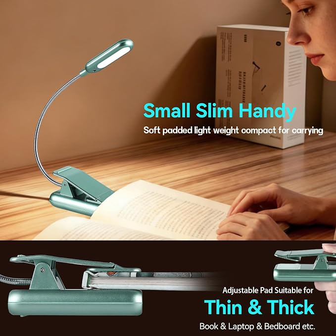 VAVOFO Rechargeable Book Light for Reading in Bed Kids, 7 LED Reading Light with 9-Level Warm Cool White Daylight, Eye Care Lamp with Power Indicator for Bookworms (Silver Green)