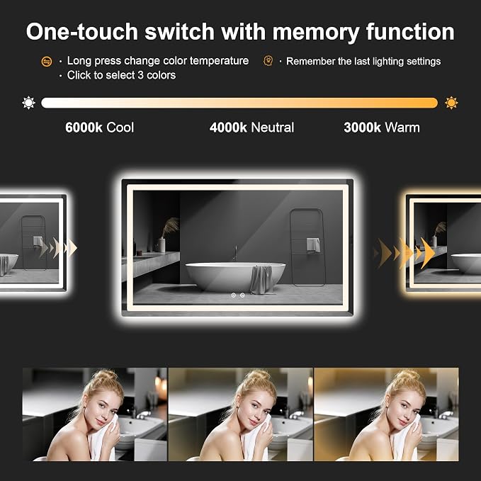 LED Bathroom Mirror with Lights, 30 x 50 Lighted Vanity Wall Mirror | Backlit and Frontlit, Anti-Fog, Dimmable 3 Colors, Shatter-Proof Tempered Glass, Memory Function, Plug-in/Hardwired