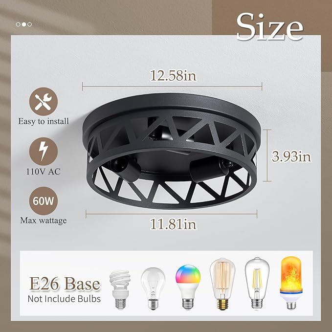 13 inch Black Flush Mount Ceiling Light Fixture,3-Light Light Fixtures Ceiling Mount for Hallway,Hall,Kitchen,Farmhouse (1 Pack)