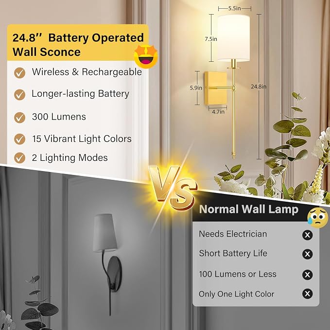 Battery Operated Wall Sconces Set of 2, Rechargeable Sconces with Remote | Gold Wall Lights with White Fabric Shade, Dimmable Wireless Wall Lamp with RGBWW Bulbs for Bedroom Living Room Hallway Decor
