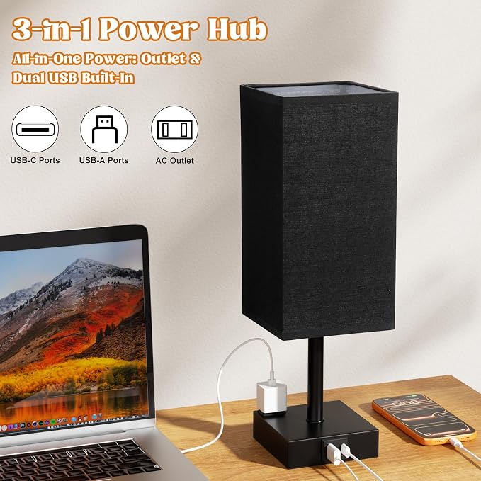 3000K Black Table Lamp for Bedroom - Dimmable Touch, USB C+A, AC Outlet | 3-Way Dimming, 3000K Warm White Bulb Included, Nightstand Lamp with Square Linen Shade, Small Room Decor for Men, Boys, Desk