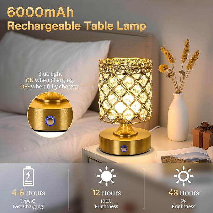 Gold Crystal Rechargeable Cordless Table Lamp, Touch Small Desk Lamp | 6000mAh Battery, 3 Color Temps, Stepless Dimming, USB Charging, Portable Wireless Night Light for Bar Bedroom Living Room