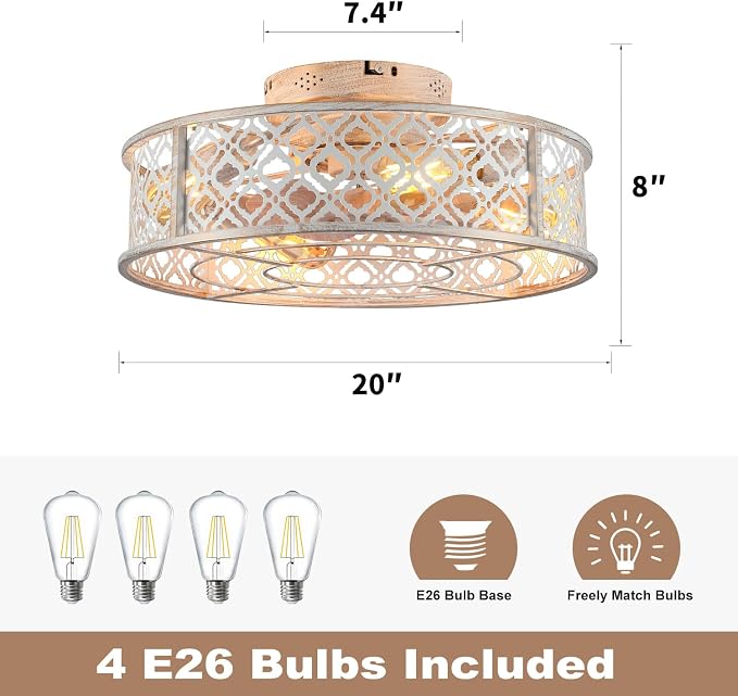 20" Caged Ceiling Fans with Lights Flush Mount Ceiling Fan with Remote,Small Black Low Profile Bladeless Ceiling Fan Light Fixture for Bedroom, Kitchen, Dining Room 4 bulbs Included,6 Speeds