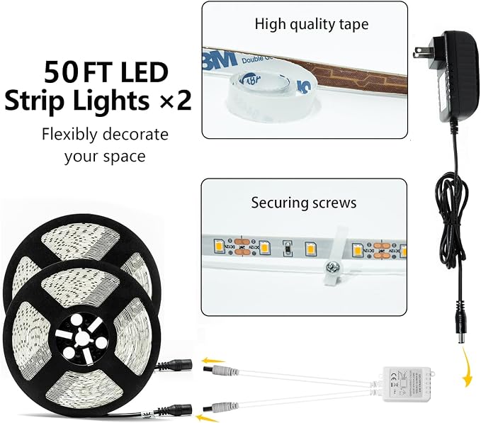 100ft LED Strip Lights Dimmable 6000K Bright White Strip Lighting, 30M 1800 LEDs 2835 Flexible Ribbon Light, 12V LEDs Tape LED Lights for Bedroom,Kitchen, Home Decoration