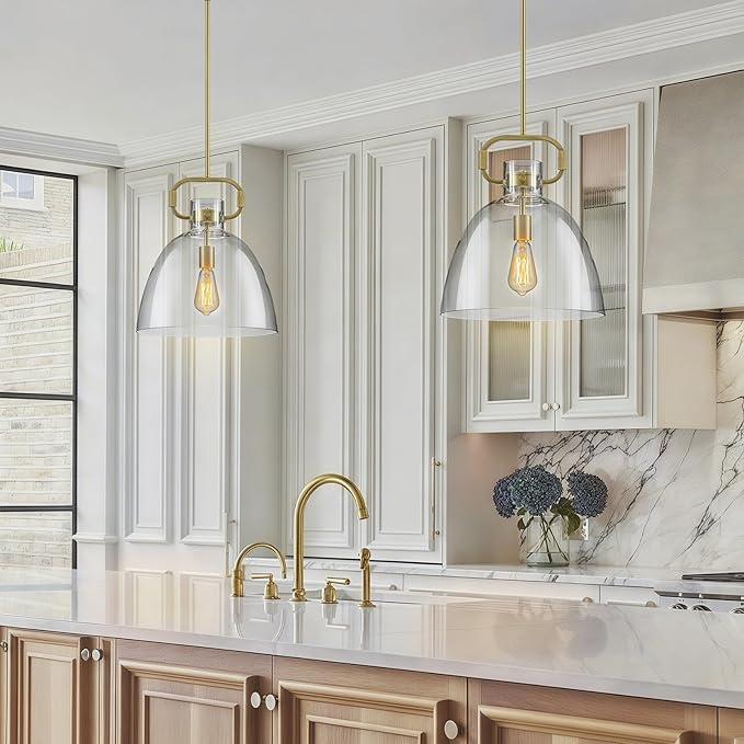 14’’ Large Pendant Lights Kitchen Island, 1-Light Modern Brass Gold Kitchen Island Lighting with Glass Shade, Adjustable Hanging Pendant Light for Dining Room Bedroom Hallway E26