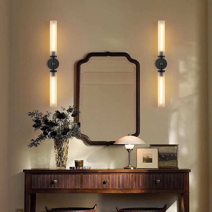 30" 2 Lights Hardwired Frosted Glass Bathroom Wall Sconces, Handmade Knurled Black Wall Light Fixture,Modern Vanity Light for Living Room,Hallway, Bedroom, Indoor Wall Lamp, Bulb Included