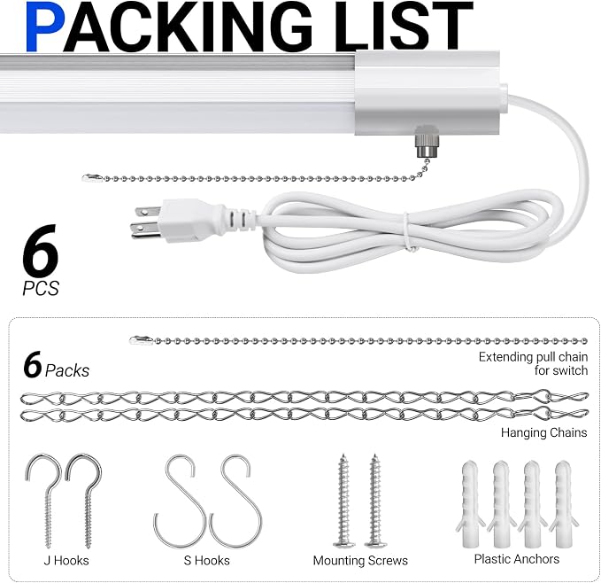 Barrina BS84 LED Shop Lights 4FT for Workshop, 84W 10000LM 5000K, 6 Packs | 4FT for Garage Basement, Hanging or Flush Mount, Linkable to 3, Heat Dissipation with Pull Chain Switch, Frosted Cover, White