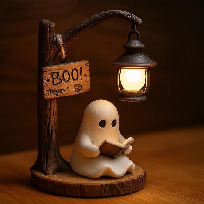 Halloween Ghost Figurine Statue Cute Ghost Reading Book Lamp Designs 3D Unique Night Light Gifts Tabletop Ornament Decoration Cartoon Resin Sculpture for Holiday Decor Supplies