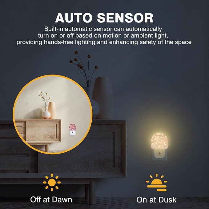 Night Lights Plug into Wall Rose Pink Glitter Night Light Dusk to Dawn Smart Sensor Decorative Round Led Lamp for Bedroom Kitchen Hallway Nightlight for Women Men