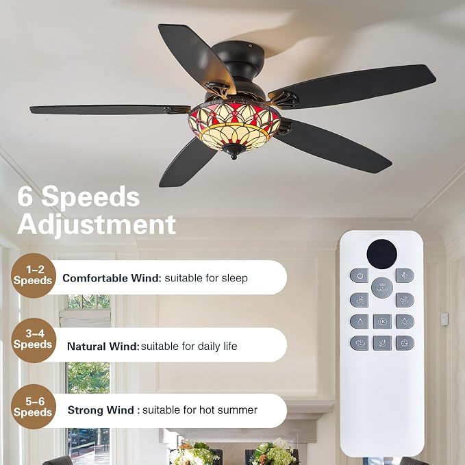 Tiffany Ceiling Fans with Lights-52"Ceiling Fan Chandelier and Glass Shade | 52" Ceiling Fan Chandelier with 5 Dual-Blades and Glass Shade, 6 Speeds and Reversible, Indoor and Outdoor, Retro Style