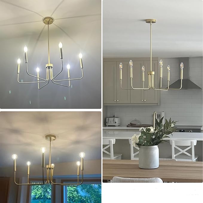 Gold Chandelier, 6-Light Farmhouse Chandeliers for Dining Room, Rustic Candle Chandelier Light Fixture, Industrial Modern Chandeliers Lighting for Kitchen Living Room Foyer Entrance
